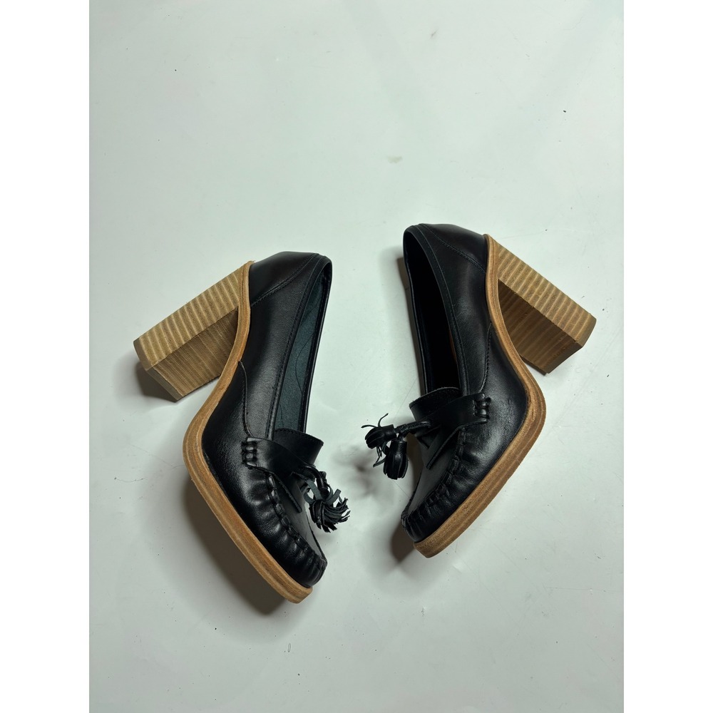 Swedish Hasbeens Black Leather Tassel Loafer Block Heel Pumps Womens 37